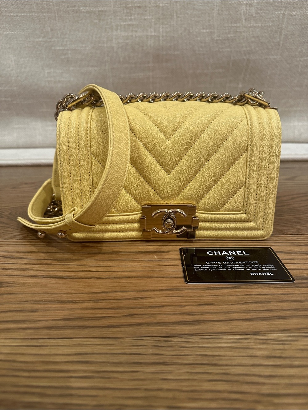 CHANEL Yellow Quilted Chevron Boy Flap Bag with Gold Hardware